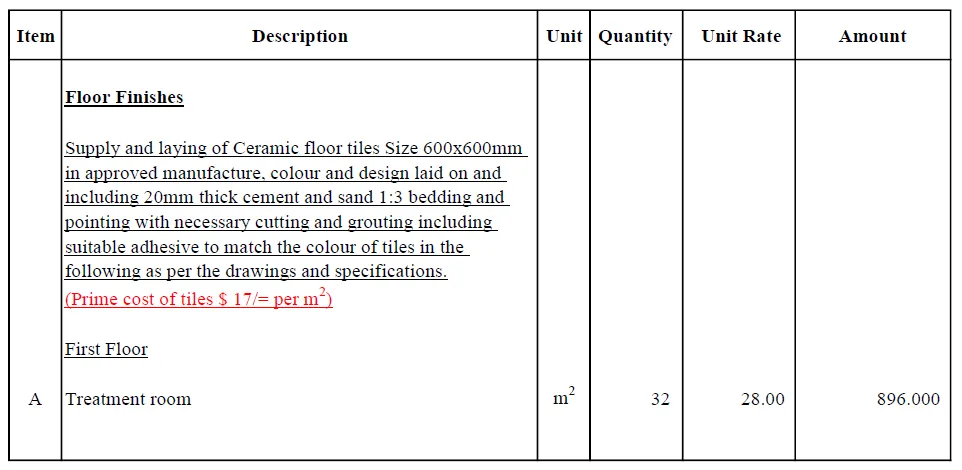 Prime Cost sum of Materials - BOQ