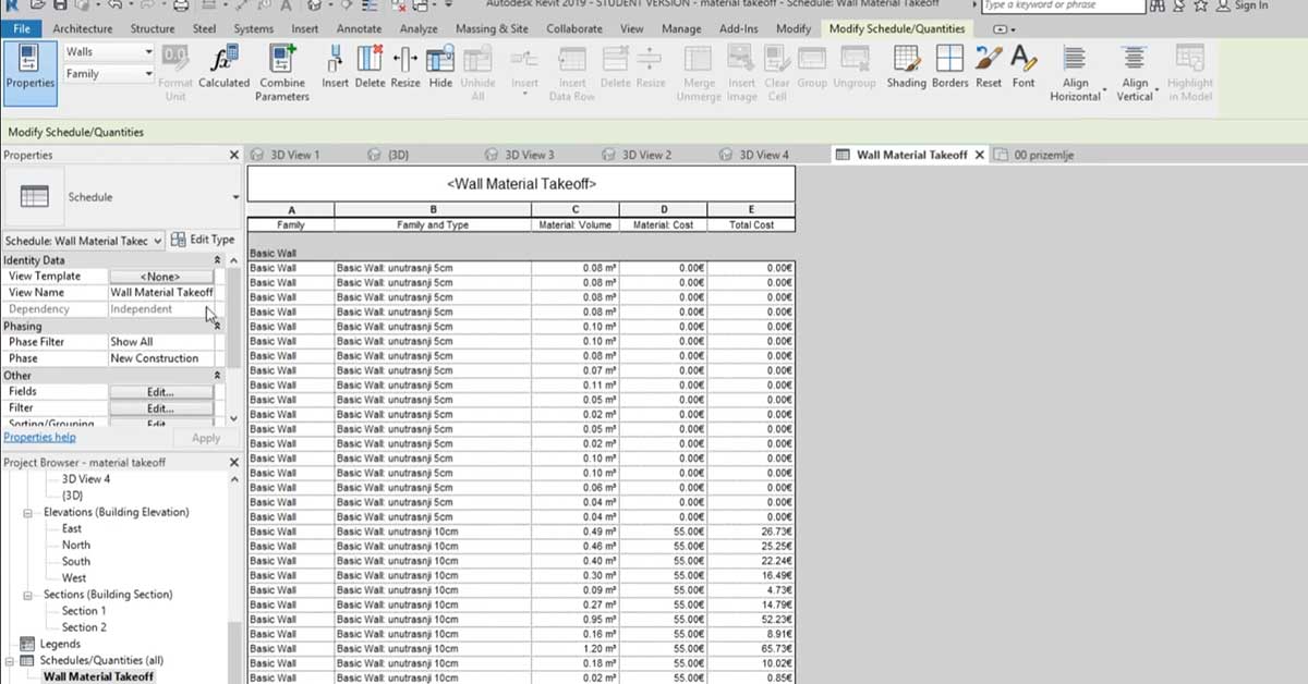 Quantity estimate from Revit