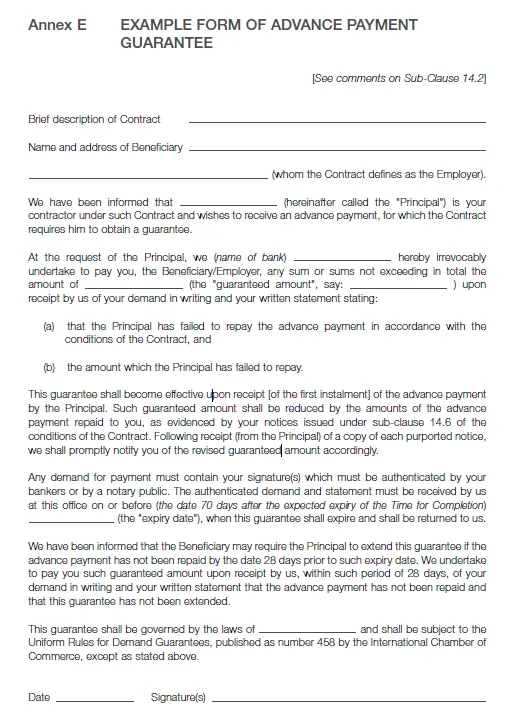 FIDIC 1999 Red book - Advance Payment bond Form sample
