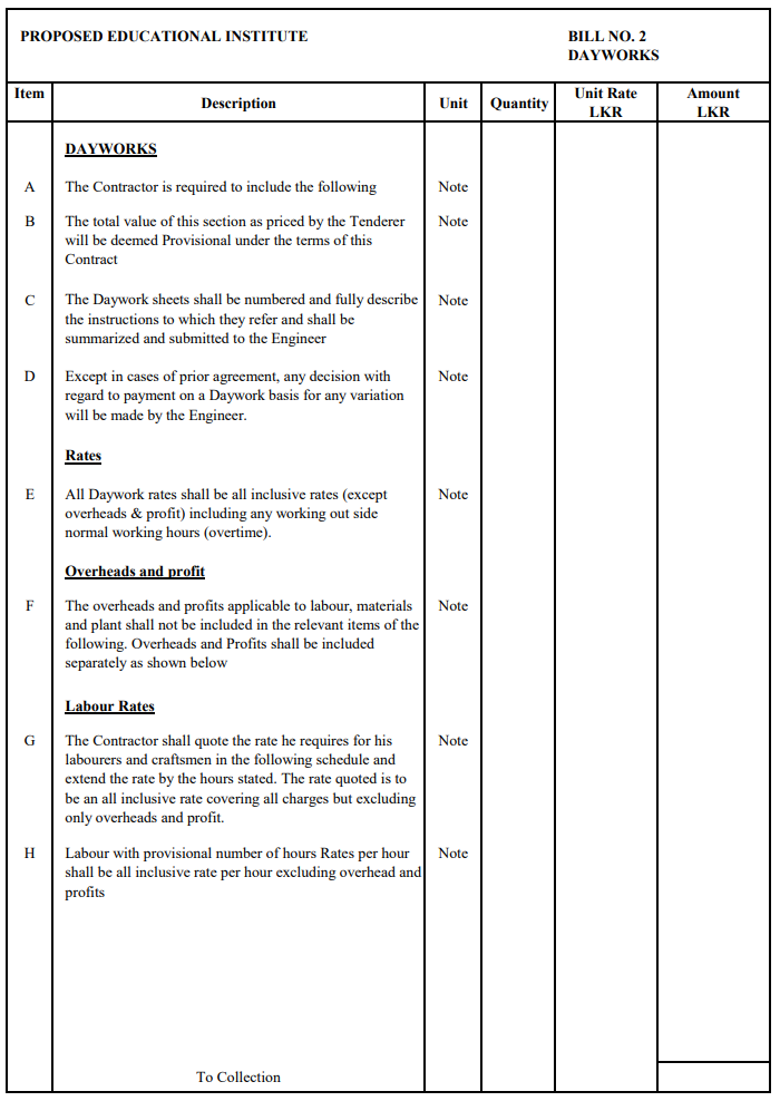 Preamble Notes for Dayworks in construction