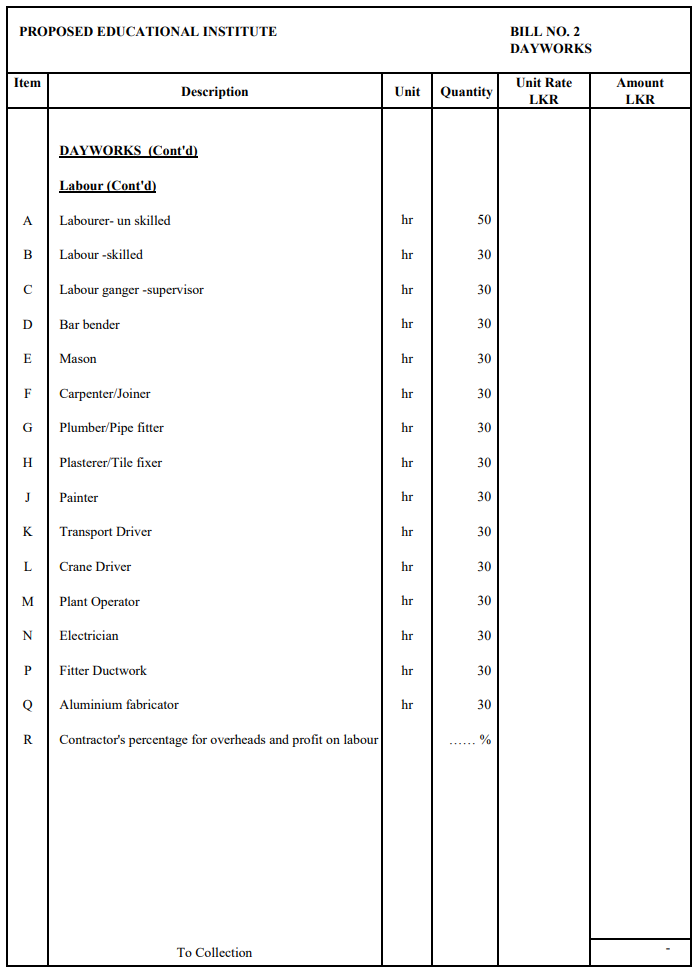 Daywork Schedule for Laboure