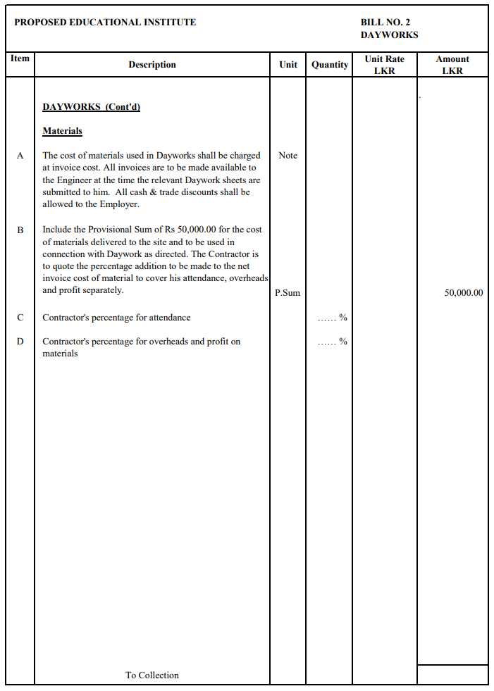 Daywork Schedule for Materials