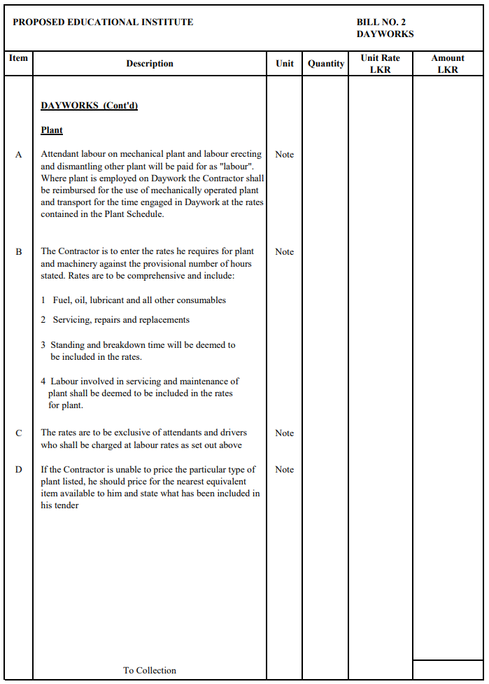 Daywork Schedule for Plant - Preamble Notes