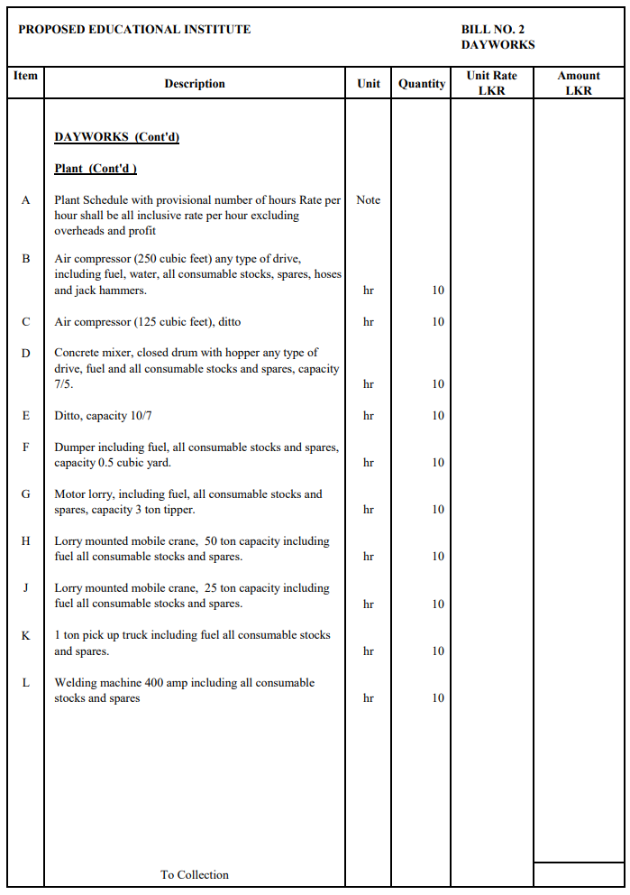 Daywork Schedule for Plant / Equipment