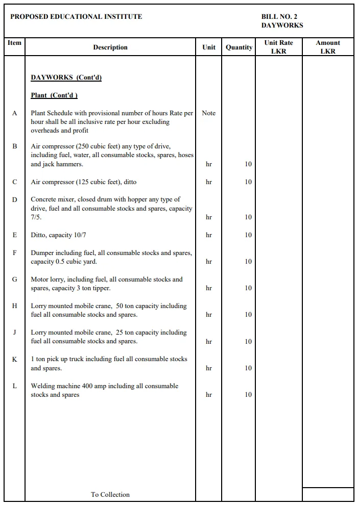 Daywork Schedule for Plant / Equipment