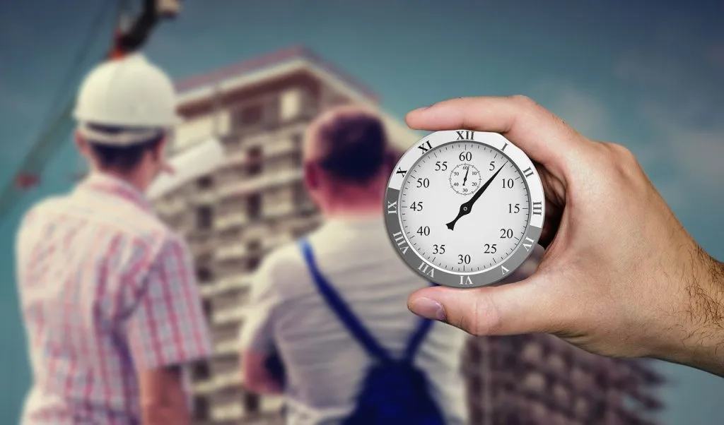 stopwatch, meeting, building, project timeline and delivery schedule in tendering process