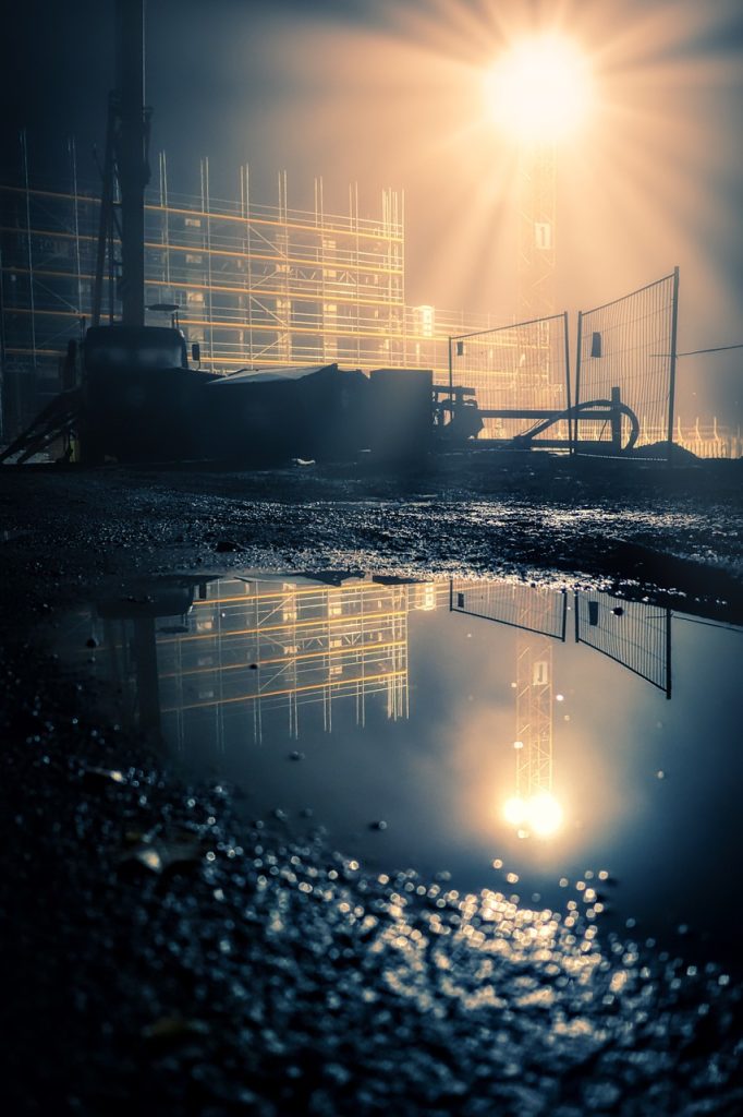 construction site, puddle, rainwater, Security Lighting for construction site