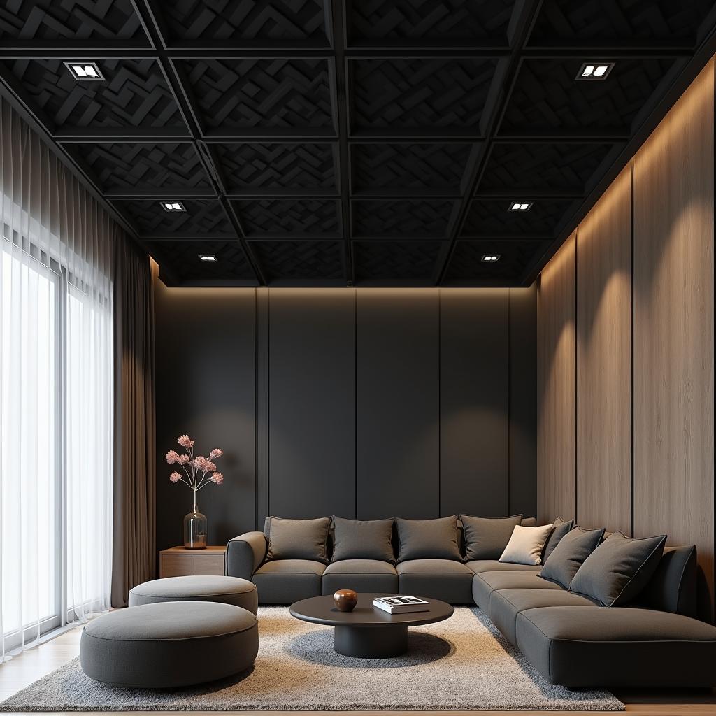 Black drop ceiling tiles, suspended ceiling design, residential interior, modern aesthetics, 3D render, high detail, soft lighting, elegant ambiance, realistic textures, architectural visualization, masterpiece digital art, trending on artstation, UHD quality 