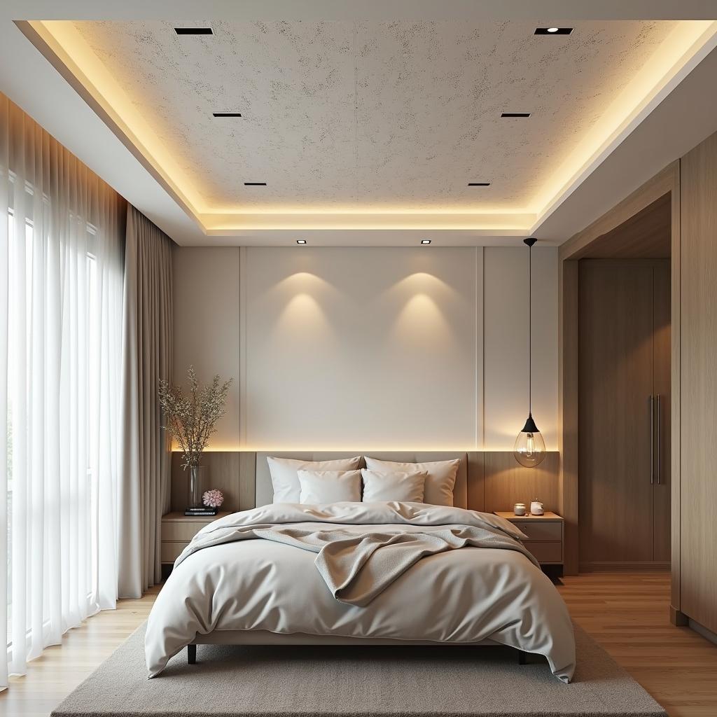 Bedroom ceiling tile design in modern home interior, acoustic tile deisgn, calm and relaxing atmosphere, soft colors, subtle patterns, 3D render, beautifully lit, minimalistic, contemporary style, high resolution, peaceful ambiance, elegant design, cozy environment, soothing aesthetics, interior design inspiration. [Negative Prompt: cluttered design, bright colors, harsh patterns, noisy elements]