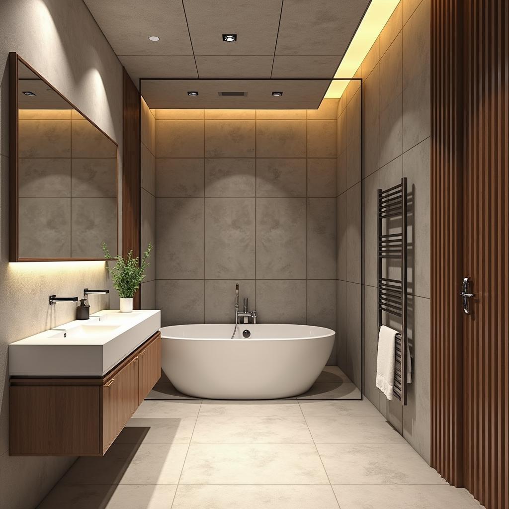 Bathroom ceiling panels for a modern home, water-resistant, easy to clean, plastic or fiberglass tiles, mould-resistant coating, sleek design, contemporary aesthetic, 3D render, high detail, realistic textures, bright lighting, spacious layout, minimalistic style, elegant finish, perfect for humid environments.