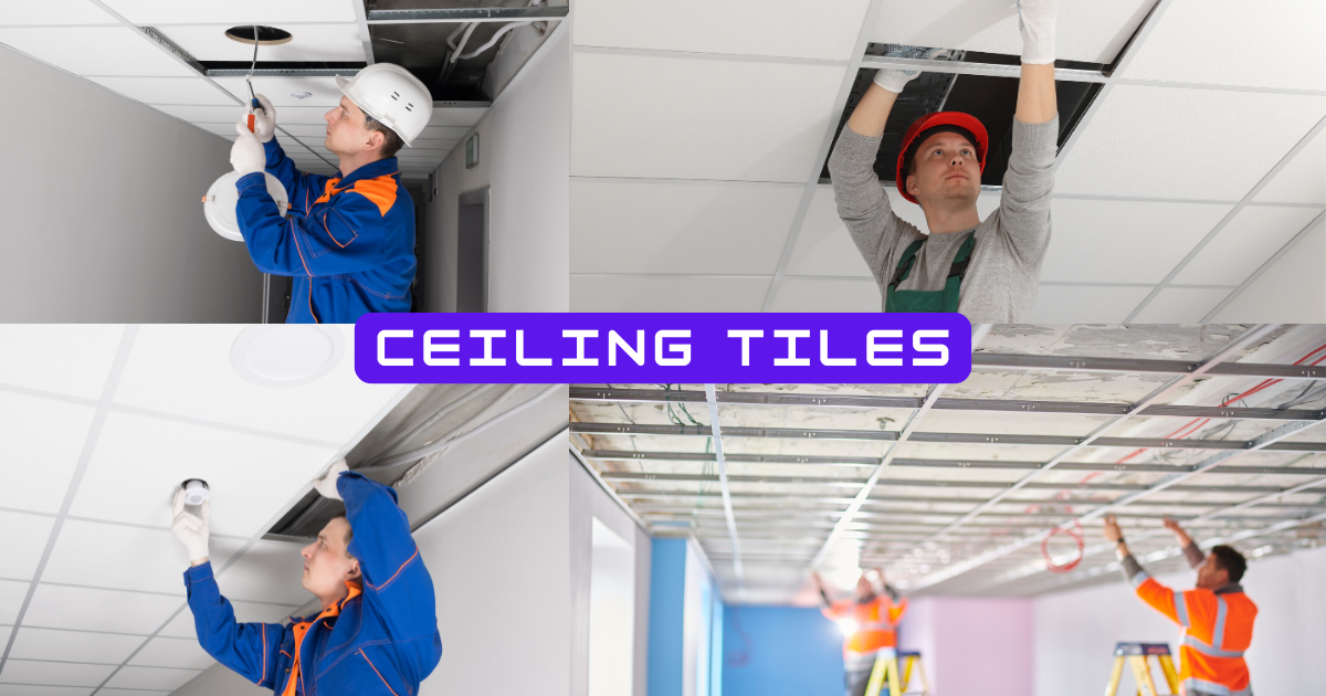 Ceiling tile installation in a modern office space, detailed