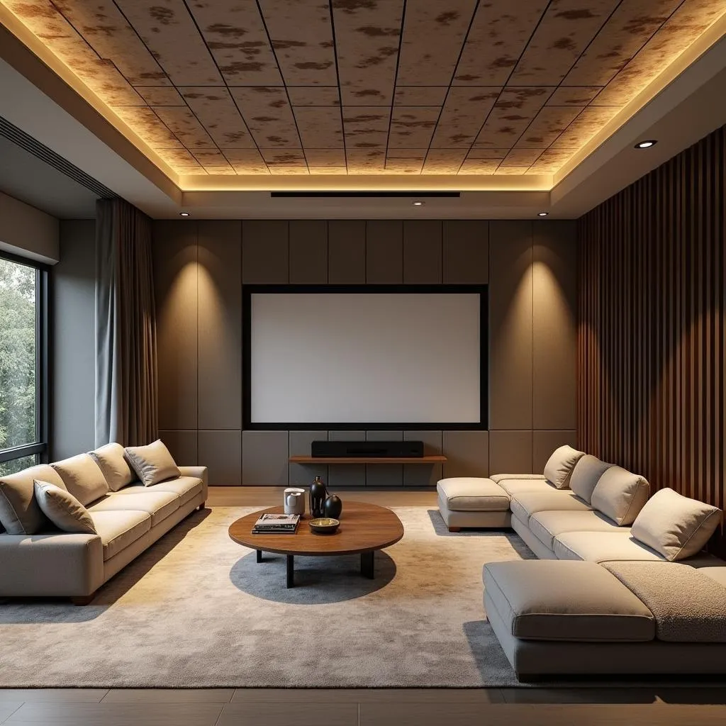 Fiberglass ceiling tile design in a modern media room, 3D render, high sound absorption characteristics, durable materials, contemporary aesthetics, stylish patterns, sleek finishes, cinematic lighting, beautifully detailed, by top interior design artists, octane render, 4k resolution, elegant and functional design.