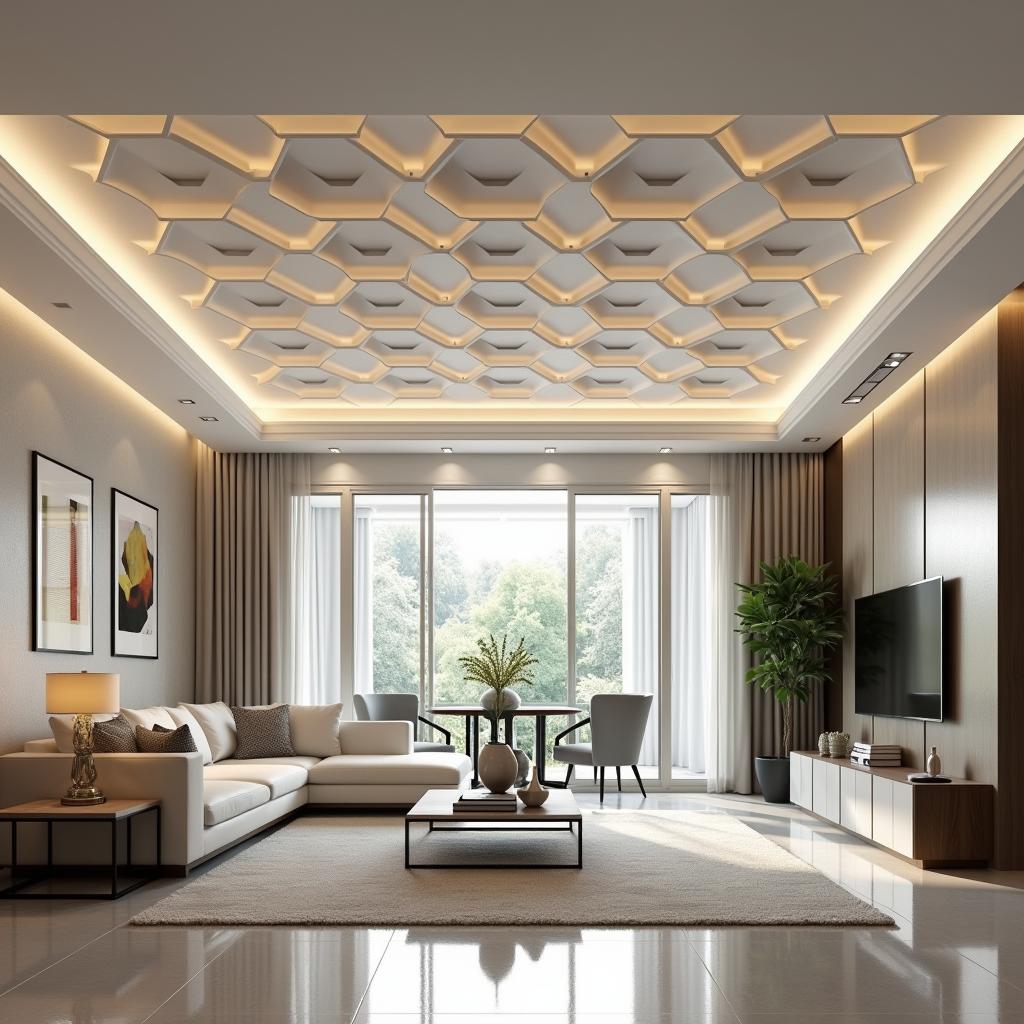 Hexagon ceiling tile design in a modern home interior, sleek and minimalist, 3D render, beautifully lit, high resolution, contemporary style, emphasizing geometric patterns, soft color palette, natural lighting, masterpiece digital art by renowned interior designers, showcasing elegance and sophistication. [Negative Prompt: cluttered design, outdated style, overly bright colors, low resolution]