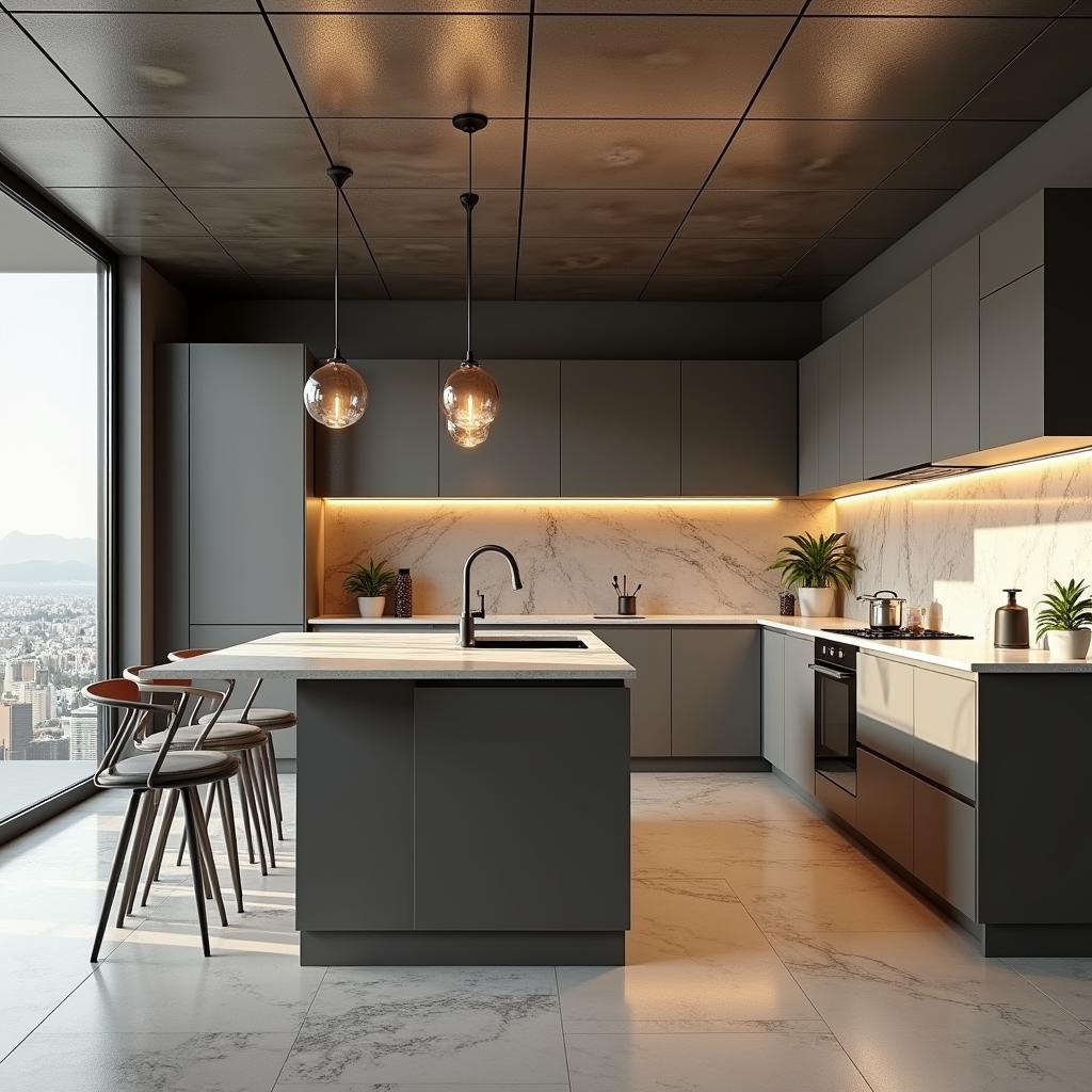 3D render of a modern kitchen featuring sleek metal ceiling tiles, designed for easy cleaning and moisture resistance, glossy finish reflecting light to create a bright atmosphere, stylish layout, high-quality textures, contemporary design, beautifully lit, realistic shadows, detailed craftsmanship, trending on artstation, 8k resolution [Negative Prompt: cluttered, dark, dull colors, outdated tiles, uneven surfaces]