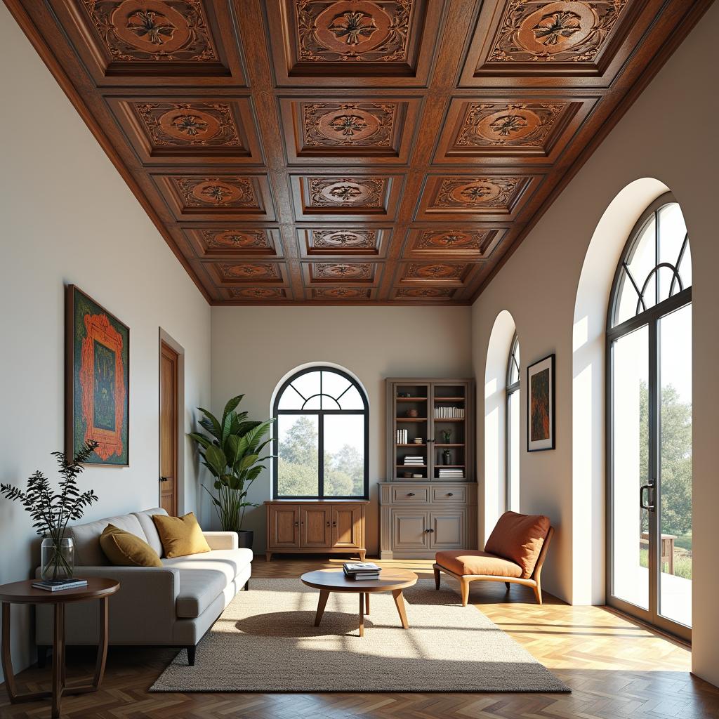 Metal ceiling tile designs in a Classic home, featuring tin and copper, showcasing elegance and durability, easy to clean, can be painted or left in natural finish, vintage or industrial style, beautifully arranged in a contemporary setting, 3D render, high detail, realistic textures, warm lighting, spacious interior, by highly acclaimed 3D artists, UHD resolution. 