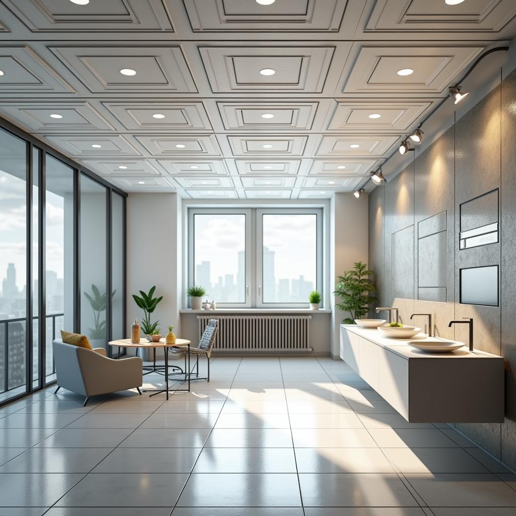 3D render of lightweight plastic ceiling tiles in a modern office design, showcasing water-resistant and easy-to-clean features, ideal for bathrooms and kitchens, imitating the appearance of expensive materials, sleek and contemporary aesthetic, beautifully lit, high resolution, realistic textures, intricate details, trending on design websites