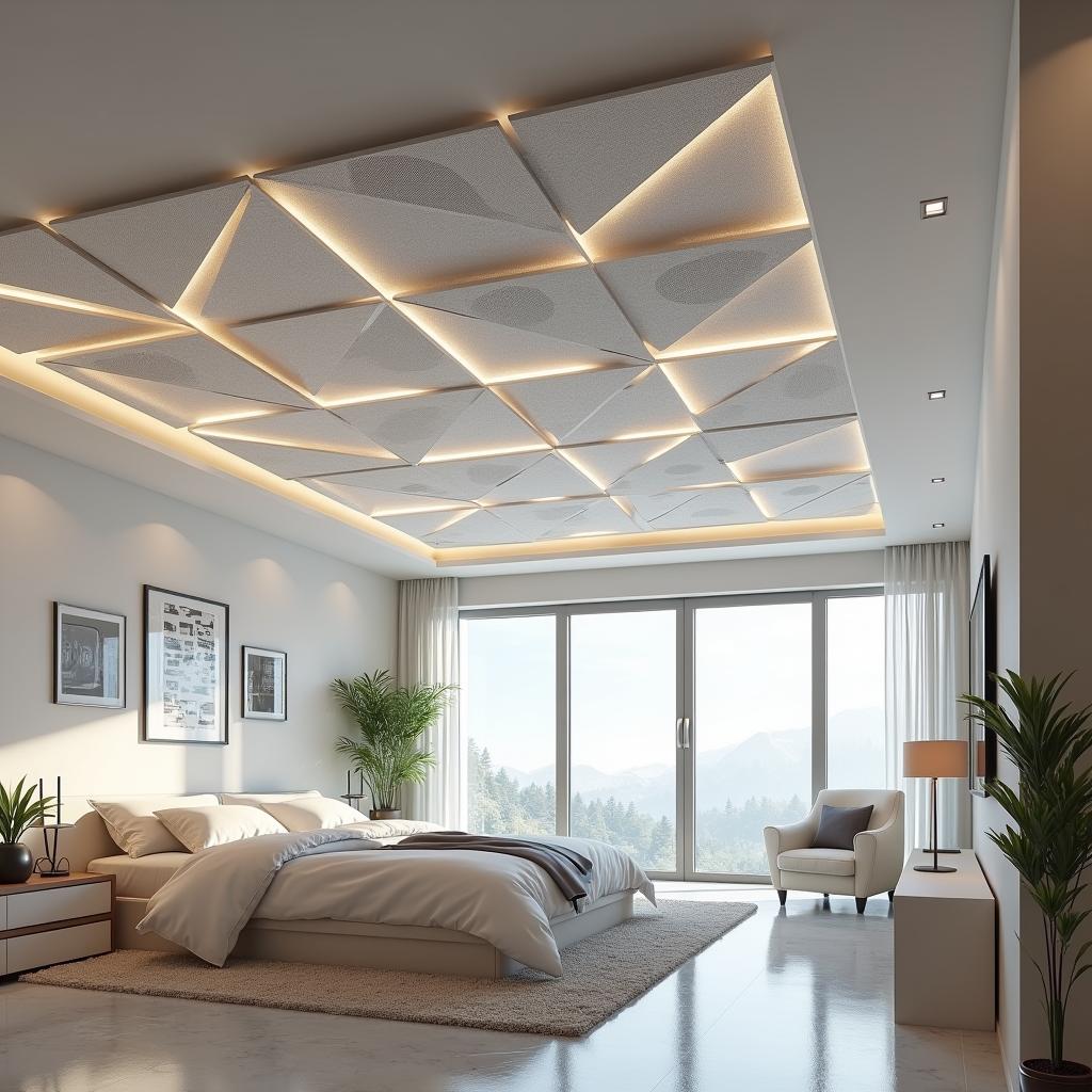 Smart ceiling tiles designed to optimize acoustics and lighting, futuristic technology, sleek and modern, 3D render, beautifully lit, high detail, contemporary interior, ambient light integration, by artgerm and beeple, 8k resolution, trending on artstation, clean lines, minimalistic style, innovative design. 