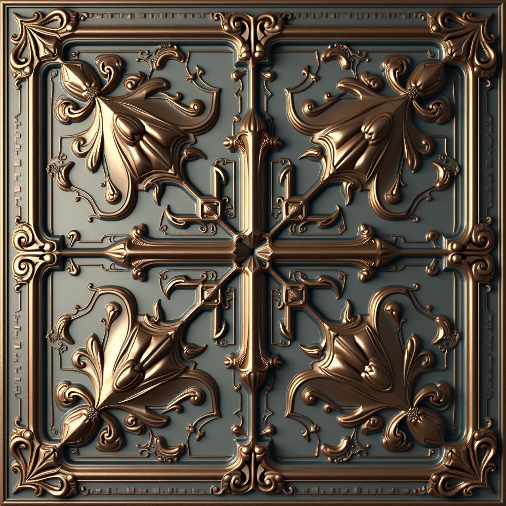 Tin ceiling tile in home, vintage style, high demand in the late 19th century, contemporary homes, painted or natural metallic finish, dramatic effect, detailed textures, classic design, 3D render, beautifully lit, realistic shadows, intricate patterns, high resolution, by artstation trending artists, octane render, 8k [Negative Prompt: blurry, distorted, modern, flat, dull colors]