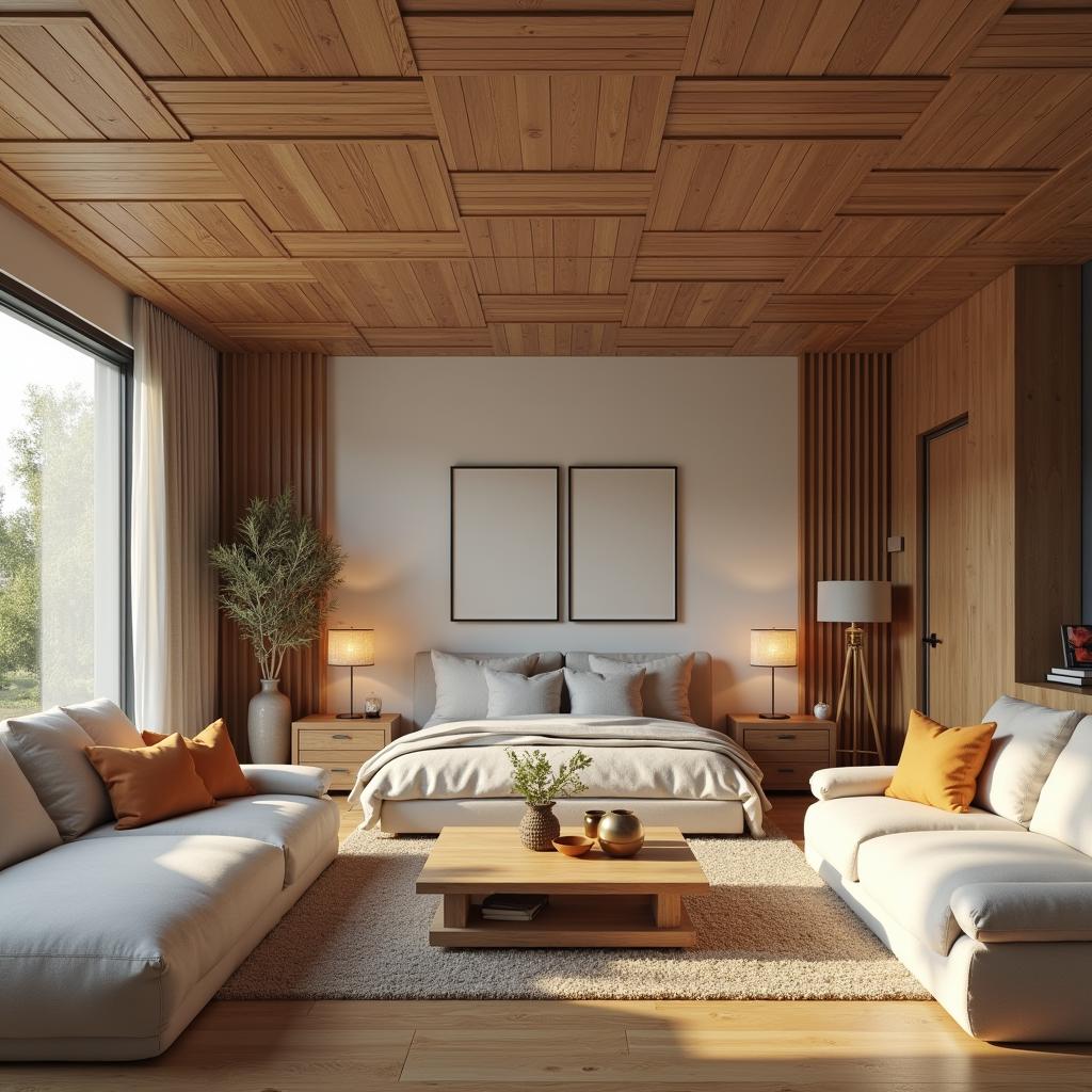 Wood ceiling tile design in Morden Home. bring in warmth and add natural beauty to space. They may come in a number of different wood types and sometimes are stained or painted. Wooden tiles perfectly create the cosy rustic atmosphere of living space or bedroom.