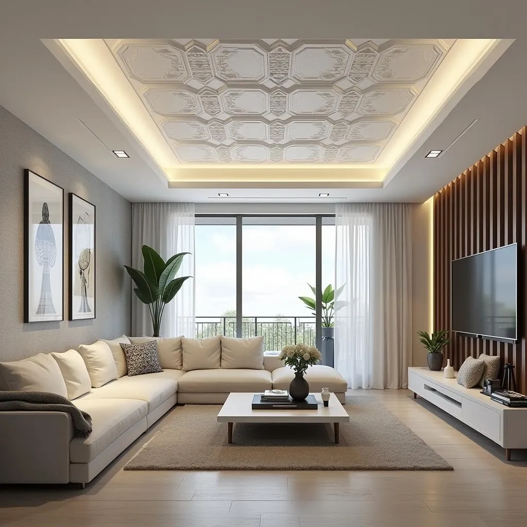 Polystyrene ceiling tile designs in a modern home interior, ideal for DIY projects, budget-friendly, customizable paint options, imitating expensive materials, beautifully lit, 3D render, high detail, contemporary style, elegant décor, showcasing various patterns and textures, realistic shadows and highlights, trending on design websites,