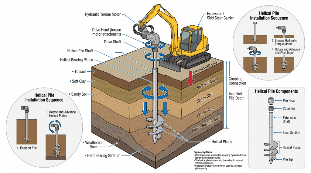 Helical pile foundation installation using hydraulic torque motor and helical bearing plates.