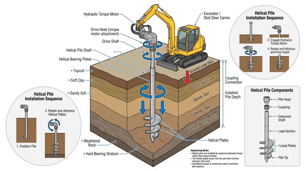 Helical pile foundation installation using hydraulic torque motor and helical bearing plates.