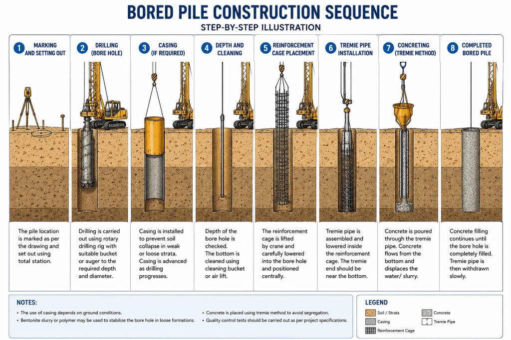 Bored pile construction sequence diagram showing drilling, reinforcement cage installation, and tremie concreting.
