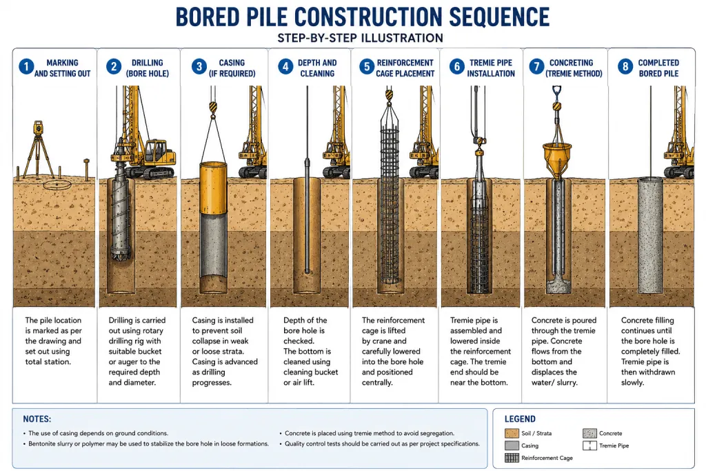 Bored pile construction sequence diagram showing drilling, reinforcement cage installation, and tremie concreting.