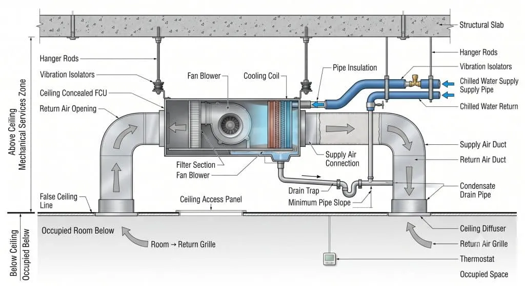 Cross-sectional installation diagram of a ceiling concealed fan coil unit above a false ceiling, showing structural slab, hanger rods, FCU casing, chilled water supply and return pipes, supply and return ductwork, ceiling diffusers, condensate drain pipe with slope, and clear separation between the mechanical ceiling void and occupied room below
