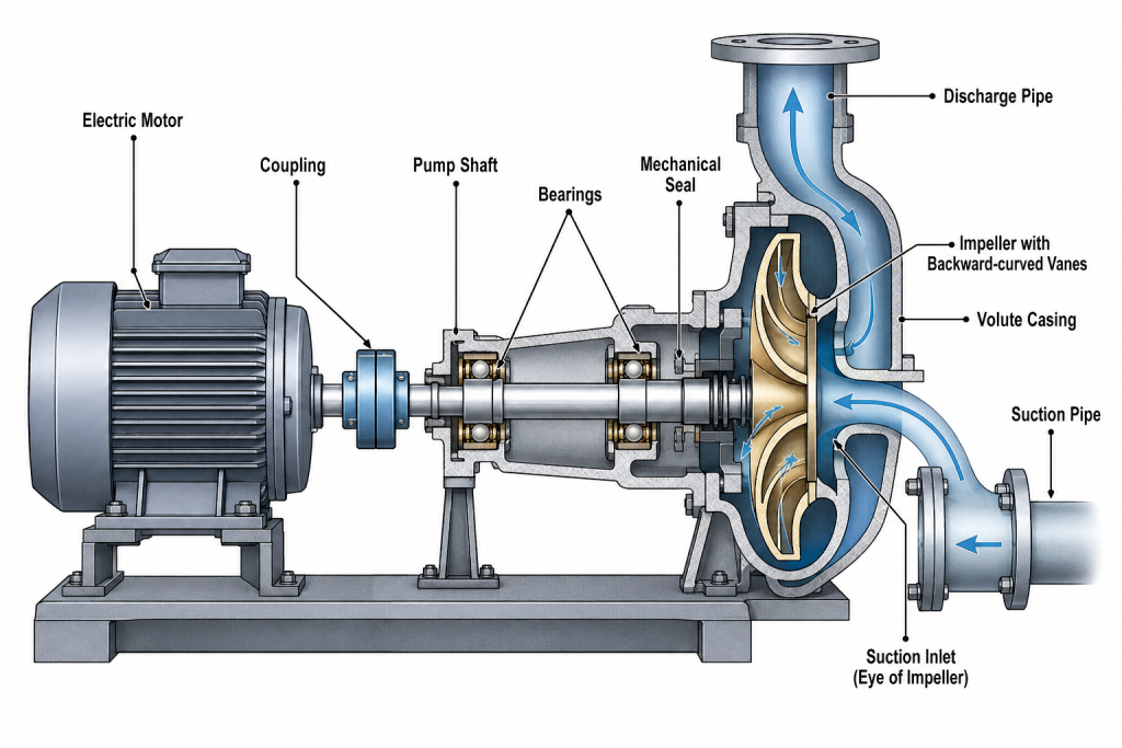 Centrifugal pump diagram showing impeller, casing, shaft and motor