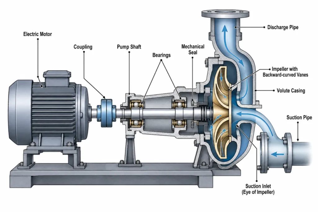 Centrifugal pump diagram showing impeller, casing, shaft and motor