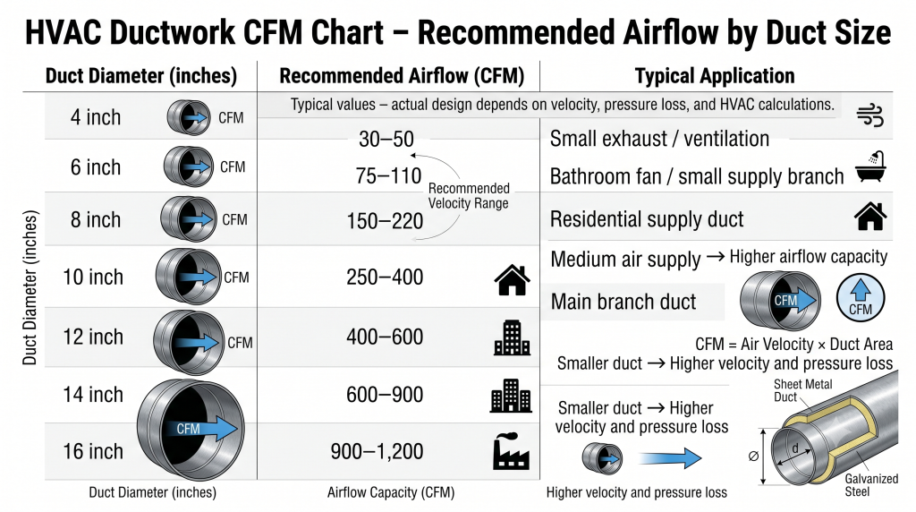 Clean infographic-style ductwork CFM chart showing duct diameter against recommended airflow ranges