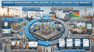 Construction change management procedure showing change identification, risk assessment, approval, valuation, implementation, and monitoring workflow.