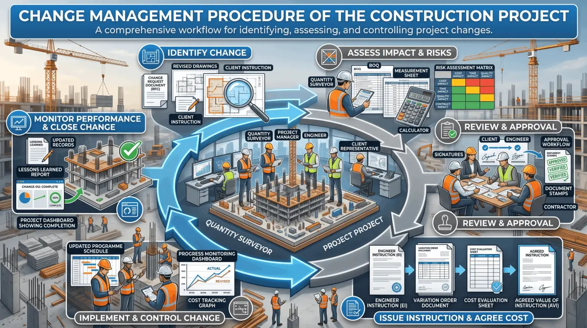 Construction change management procedure showing change identification, risk assessment, approval, valuation, implementation, and monitoring workflow.