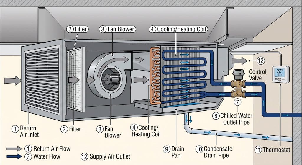 Cutaway side view of a horizontal FCU showing the full airflow path (return air inlet → filter → fan → coil → supply air outlet) and the chilled water path (inlet pipe → control valve → coil → outlet pipe) in a contrasting blue
Label every component: supply air outlet, return air inlet, fan blower, cooling/heating coil, filter, chilled water inlet/outlet, control valve, drain pan, condensate drain pipe, thermostat
Use directional arrows to distinguish airflow (grey) from water flow (blue)