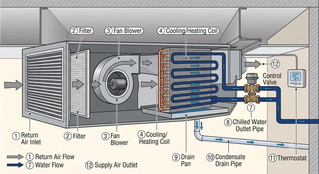Cutaway side view of a horizontal FCU showing the full airflow path (return air inlet → filter → fan → coil → supply air outlet) and the chilled water path (inlet pipe → control valve → coil → outlet pipe) in a contrasting blue
Label every component: supply air outlet, return air inlet, fan blower, cooling/heating coil, filter, chilled water inlet/outlet, control valve, drain pan, condensate drain pipe, thermostat
Use directional arrows to distinguish airflow (grey) from water flow (blue)