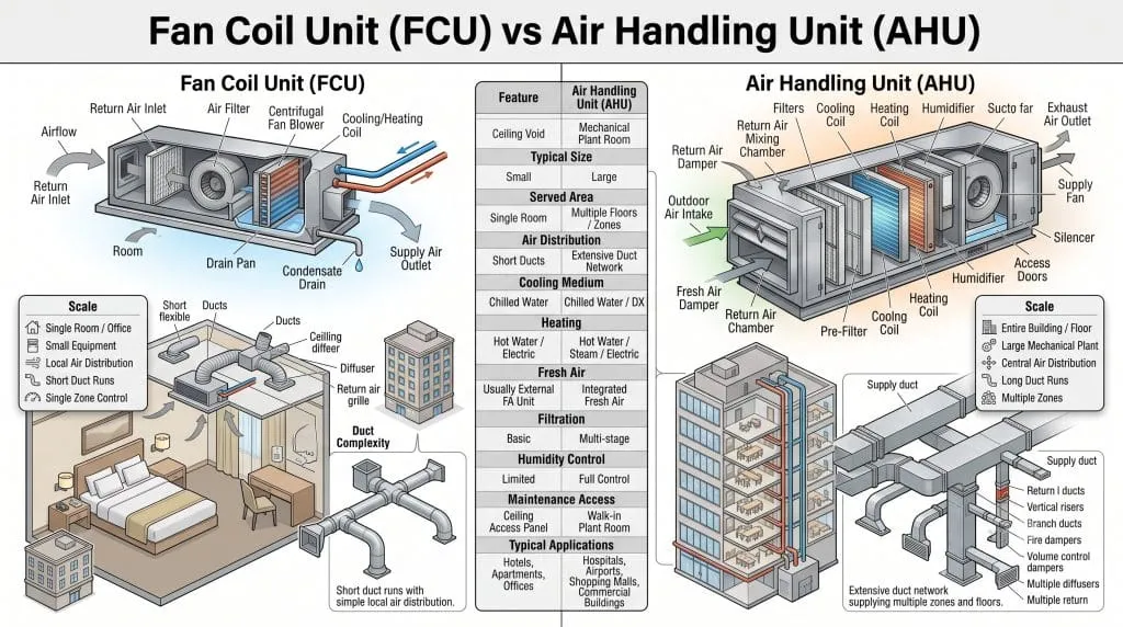 Split-screen engineering comparison of a Fan Coil Unit (FCU) and an Air Handling Unit (AHU), showing a small ceiling-mounted FCU serving a single hotel room with short duct runs on the left, and a large mechanical plant room AHU supplying extensive ductwork across multiple floors and zones on the right, with labeled components, airflow paths, scale indicators, and a comparison table.