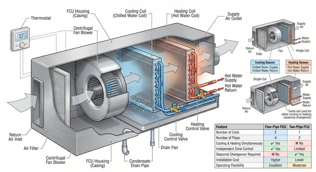 Cutaway comparison diagram of a four-pipe fan coil unit and a two-pipe fan coil unit showing airflow, separate chilled-water and hot-water coils with four color-coded pipes, independent control valves, condensate drainage, thermostat controls, and a side-by-side comparison of operating principles and system flexibility