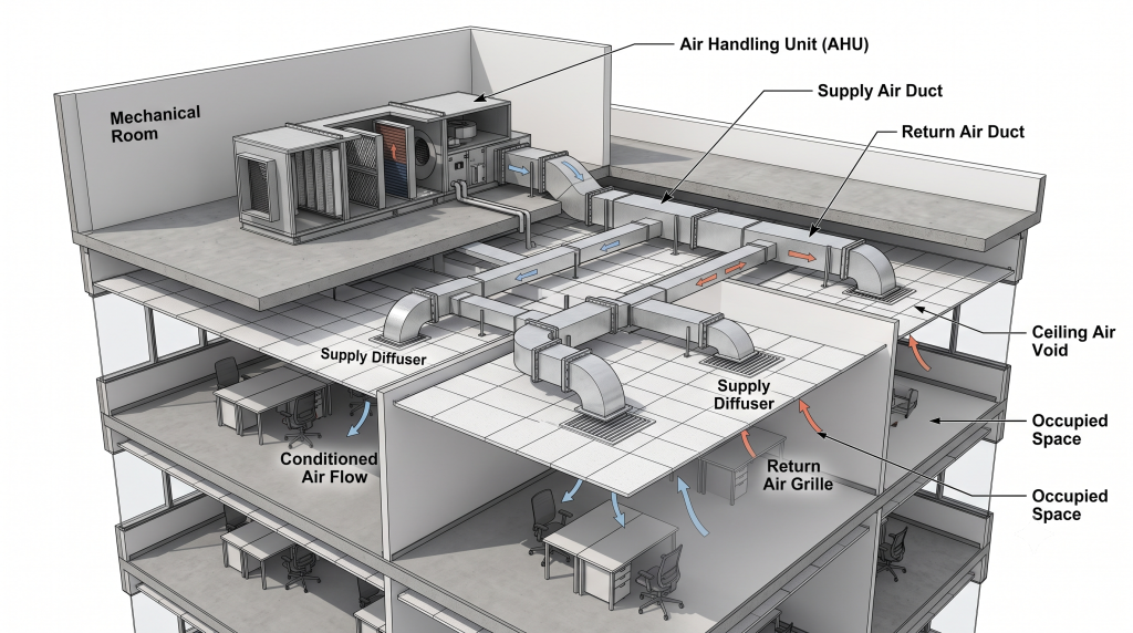 HVAC ductwork system diagram showing AHU, supply duct, return duct, diffuser, and directional airflow arrows in a labeled cutaway building section.