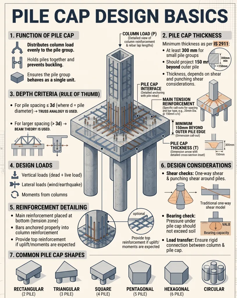 A comprehensive, highly detailed educational infographic titled "PILE CAP DESIGN BASICS." The central focus is a large 3D cutaway illustration of a concrete pile cap supporting a central square column and resting on four cylindrical piles. The cutaway reveals the intricate internal steel reinforcement bars (rebar) within the column, the horizontal grid in the pile cap, and the vertical cages inside the piles. Detailed callouts point to the column load, pile cap interface, main tension reinforcement, and minimum thickness dimensions