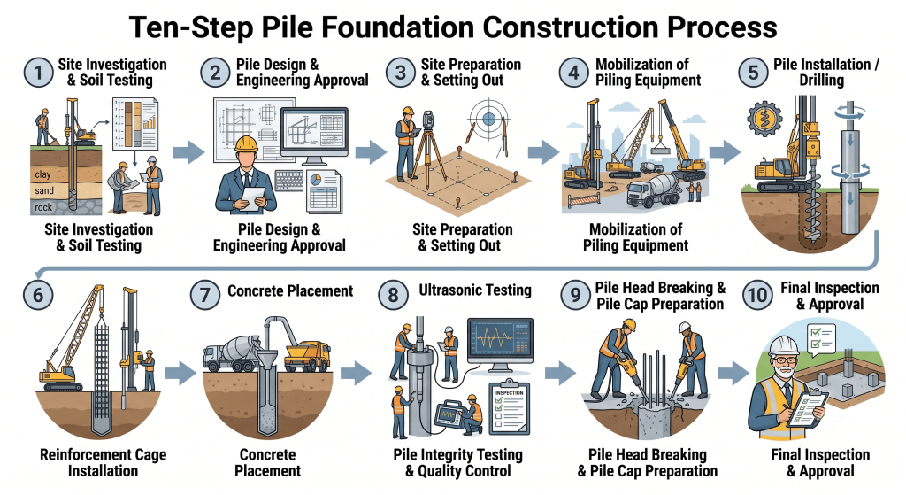 Pile foundation construction process flowchart from site investigation to final inspection.