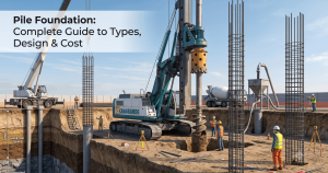 Pile foundation construction site showing piling rig and reinforcement cages