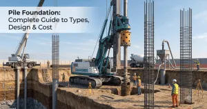 Pile foundation construction site showing piling rig and reinforcement cages