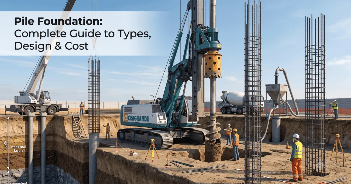 Pile foundation construction site showing piling rig and reinforcement cages