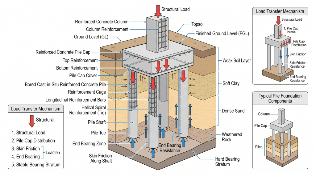 Pile foundation diagram showing pile cap, column, reinforcement, weak soil layer, and hard bearing strata
