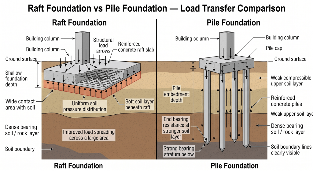 Raft foundation versus pile foundation comparison diagram showing load distribution differences