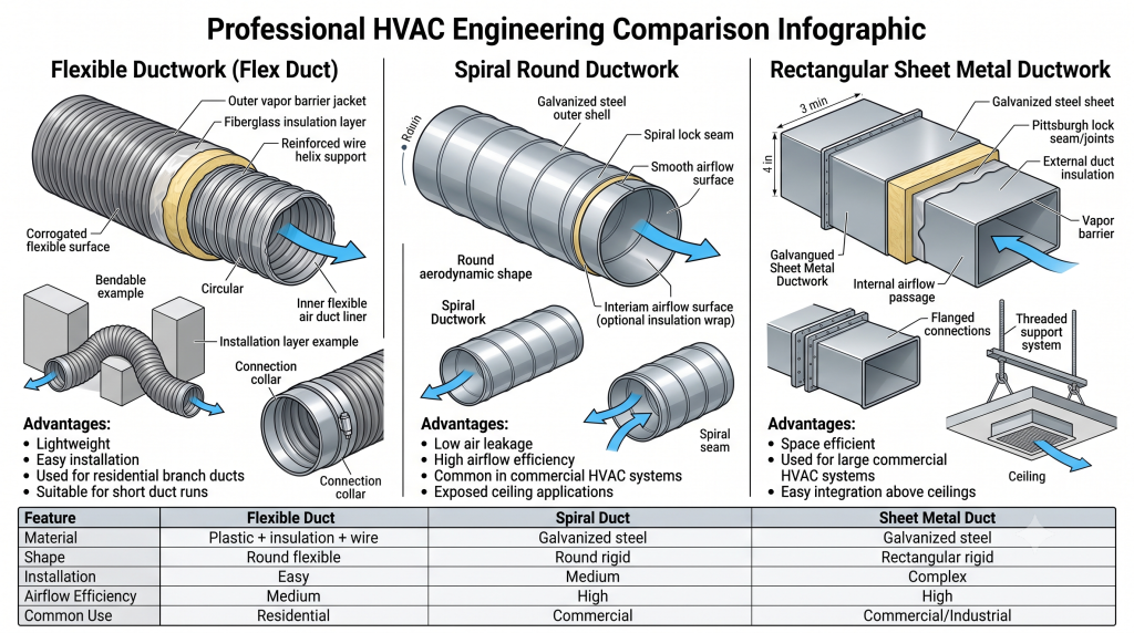 Side-by-side comparison illustration of flexible duct, spiral duct, and rectangular sheet metal duct, showing cross-sections and material layers