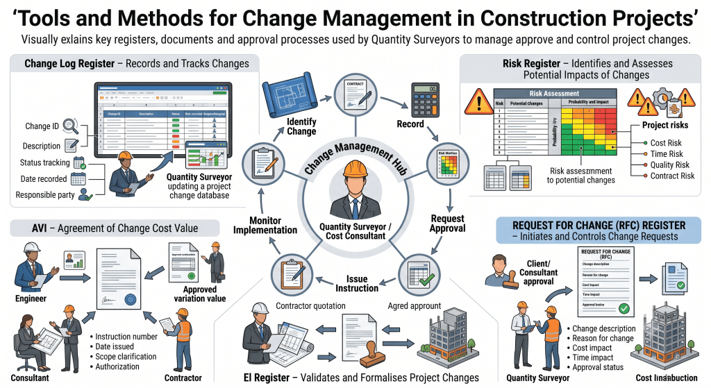 Construction change management tools showing change log register, risk register, RFC register, Engineer Instruction register, and agreed value of instruction process.