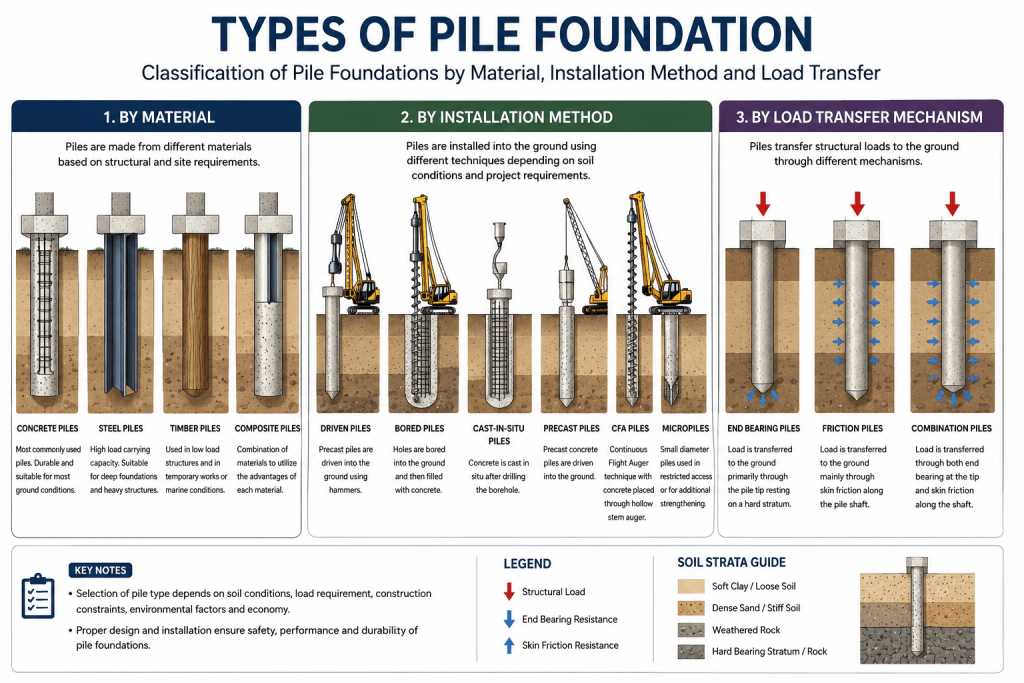 Infographic showing types of pile foundation by material, installation method, and load transfer
