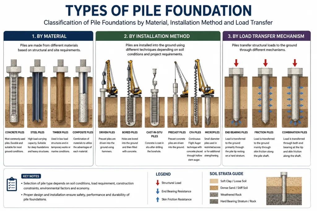 Infographic showing types of pile foundation by material, installation method, and load transfer